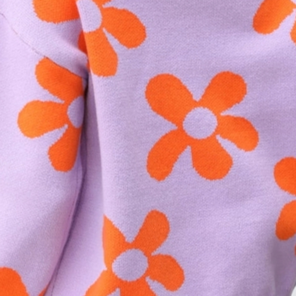 Flower Power Retro Floral Knit Round Neck Long Sleeve Oversized Pullover Sweater - Picture 4 of 9